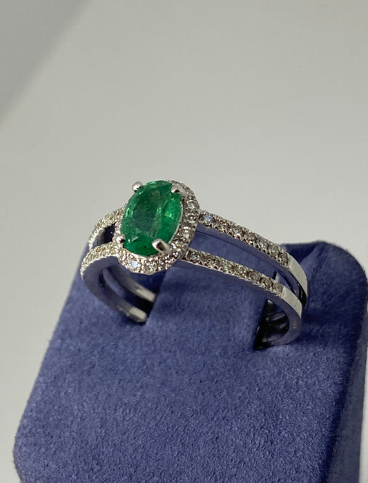 White Gold Oval Shape Natural Emerald and Diamond Ring