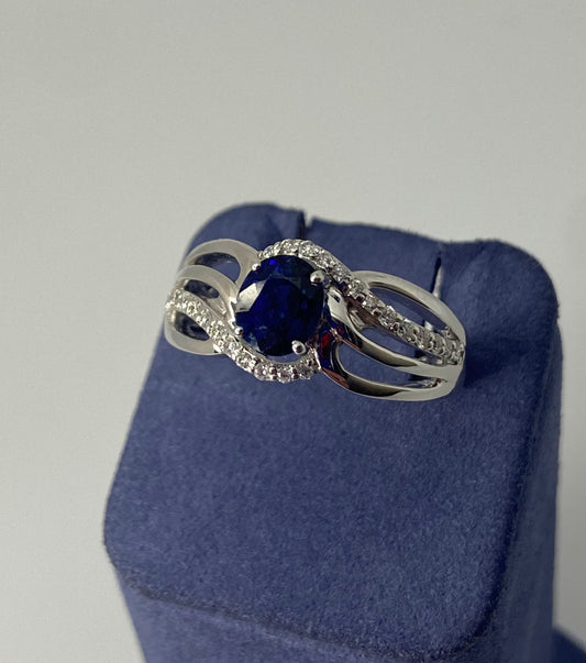 White Gold Round-Cut Natural Sapphire and Diamond Ring