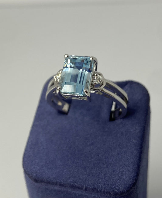 White Gold Emerald-Cut Natural Aquamarine and Diamond Ring