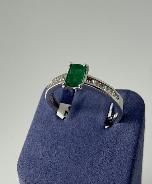 White Gold Emerald Cut Natural Emerald and Diamond Ring