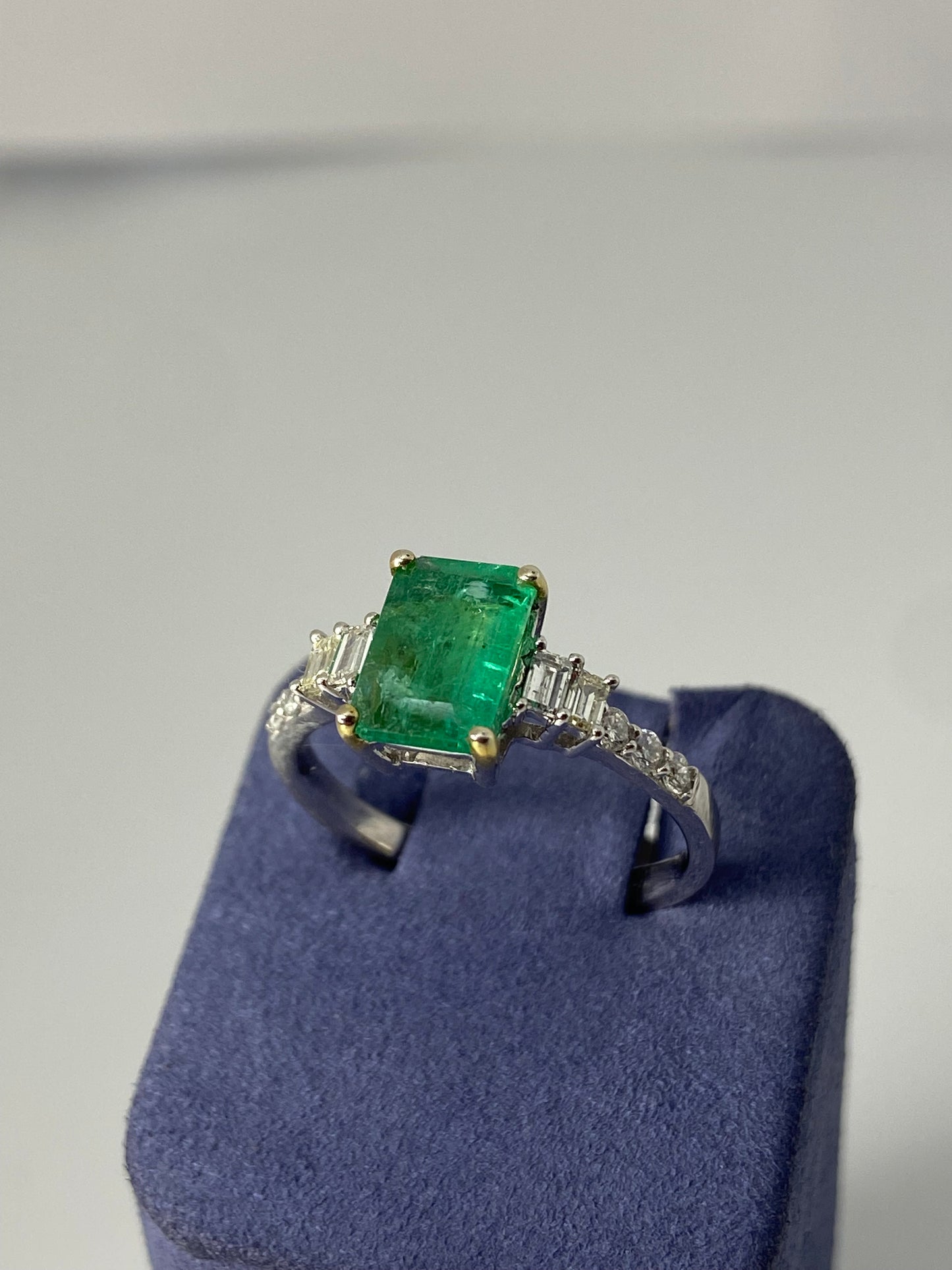 White Gold Emerald-Cut Natural Emerald and Diamond Ring