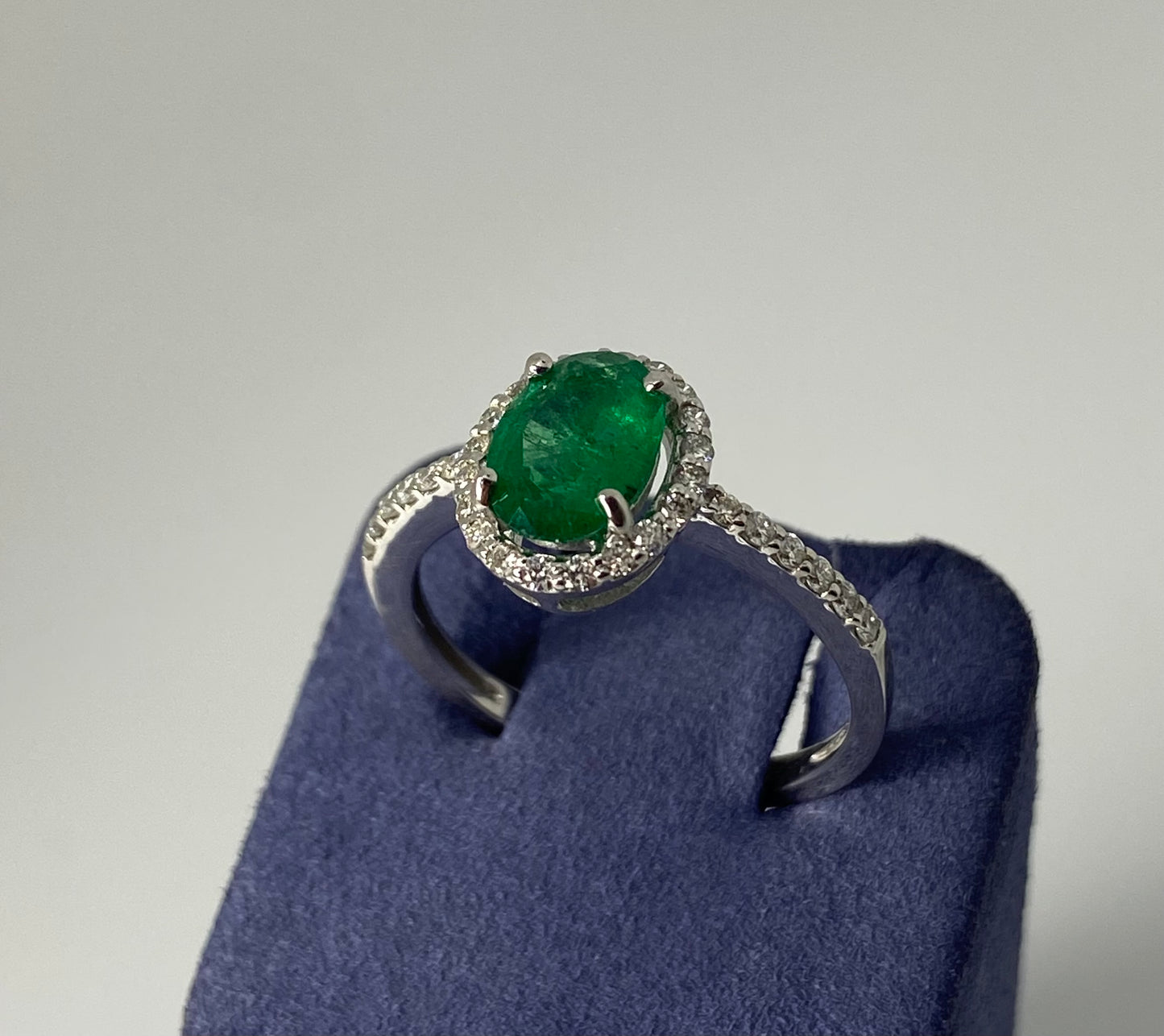 White Gold Oval-Shape Natural Emerald and Diamond Ring