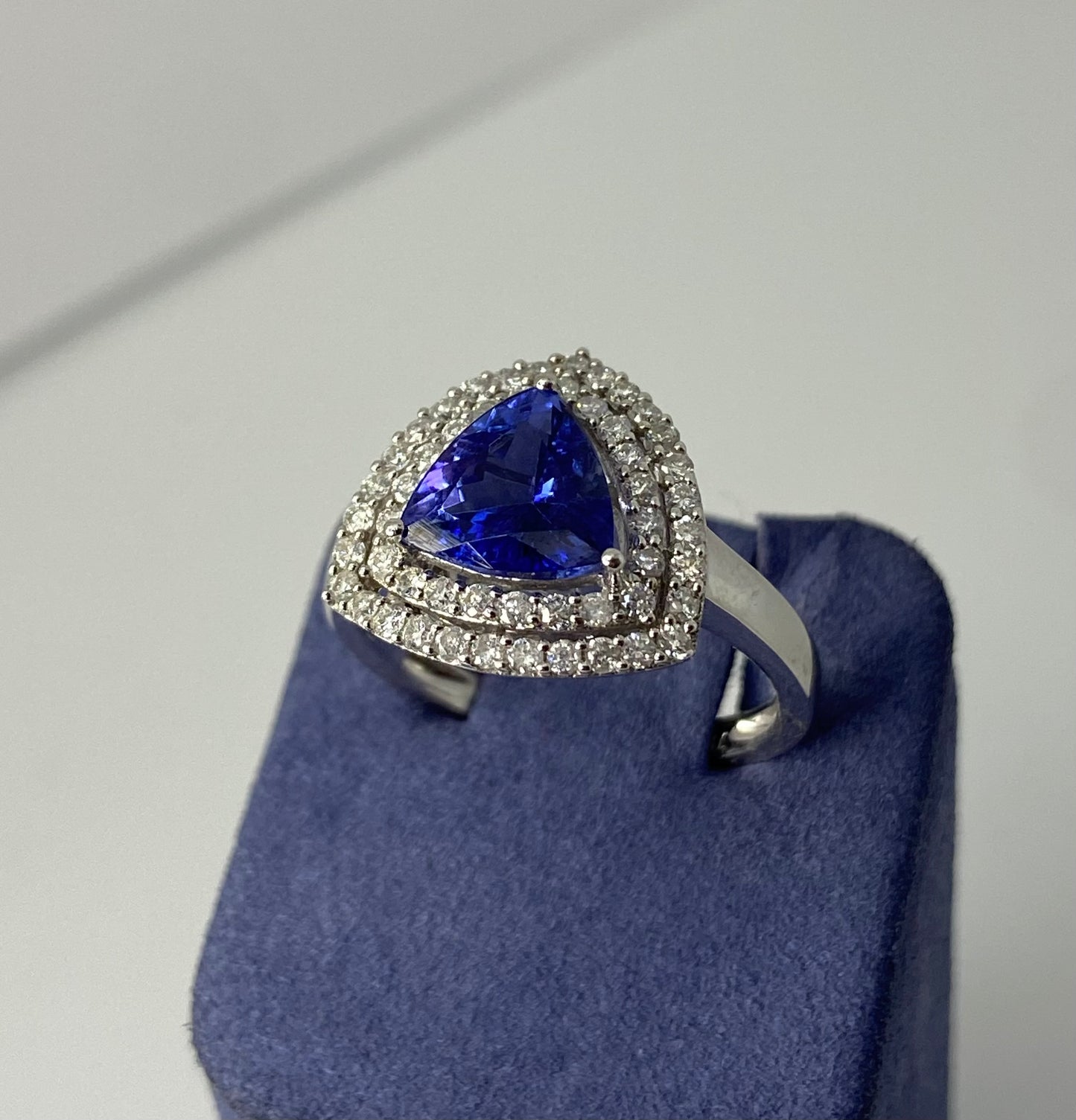 White Gold Trillion Cut Natural Tanzanite and Diamond Ring