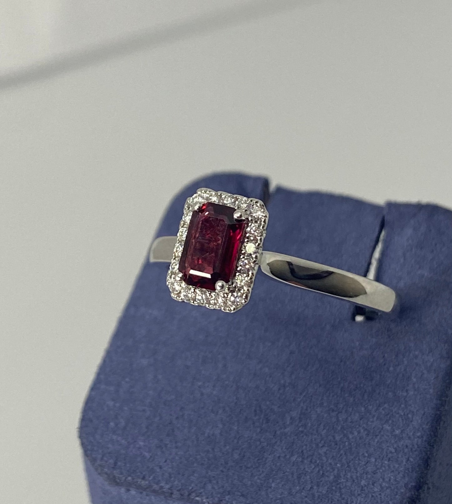 White Gold Emerald Cut Natural Ruby and Diamond Ring