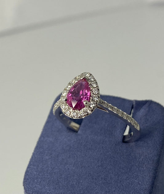 White Gold Pear Shape Natural Pink Sapphire and Diamond Ring