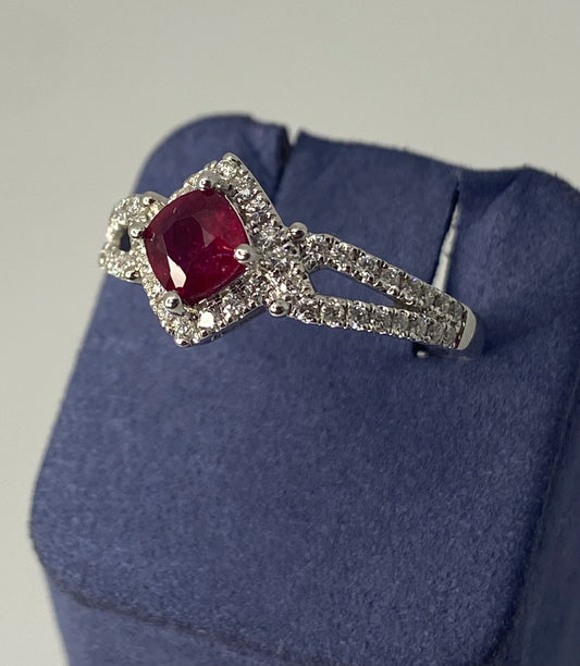 White Gold Cushion-Cut Natural Ruby and Diamond Ring