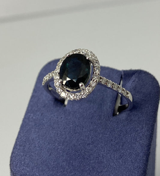 White Gold Oval-Shape Natural Sapphire and Diamond Ring